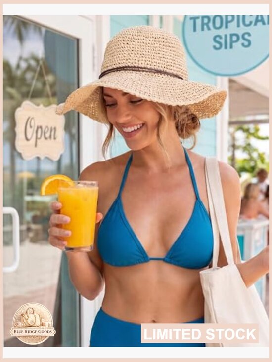 Floppy Crochet Straw Sun Hat Wide Brim Handmade Foldable Travel Beach Sun